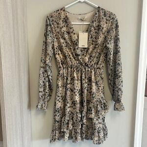 Boho Floral Print Mini Dress Long Sleeve Ruffle Trim Party V Neck Elegant size M